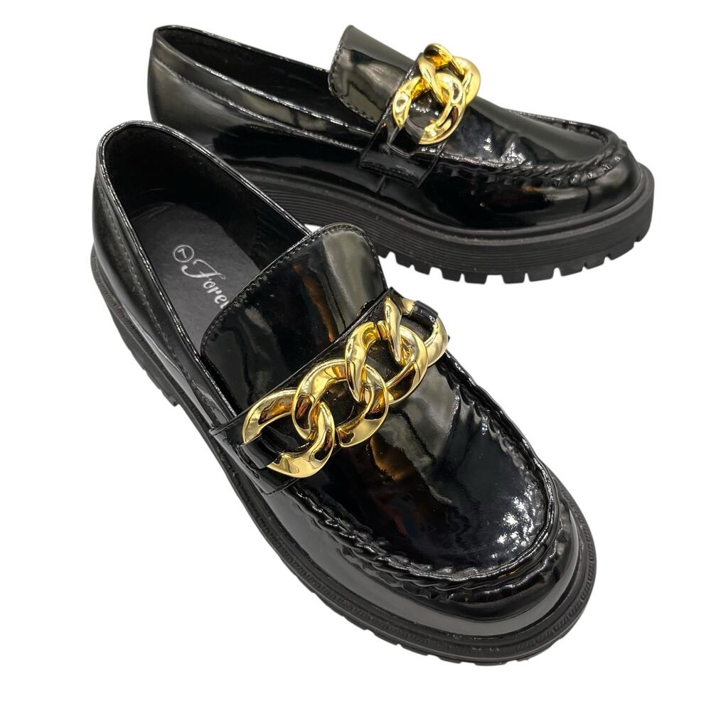 Chunky Patent Leather Loafers Sz 7 Black Gold Chain Lug Sole Y2K Modern Academia